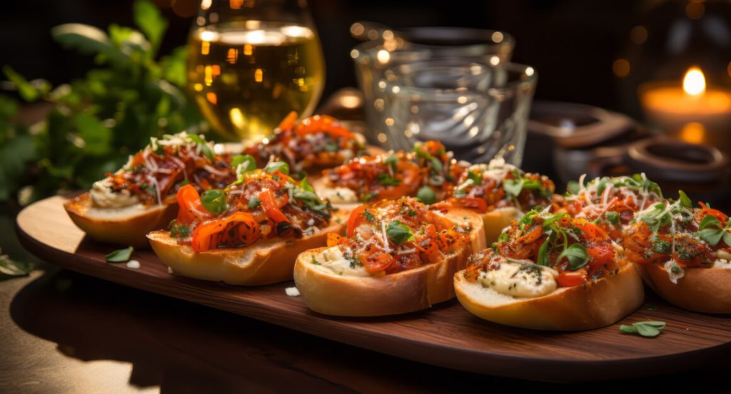 Evening cocktail reception with finger food and bruschetta at a Limassol corporate event