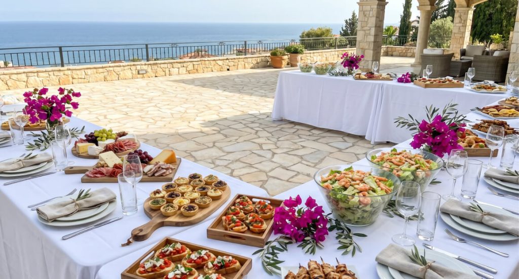 Private party catering setup on a Limassol villa terrace with multiple Limacat dishes