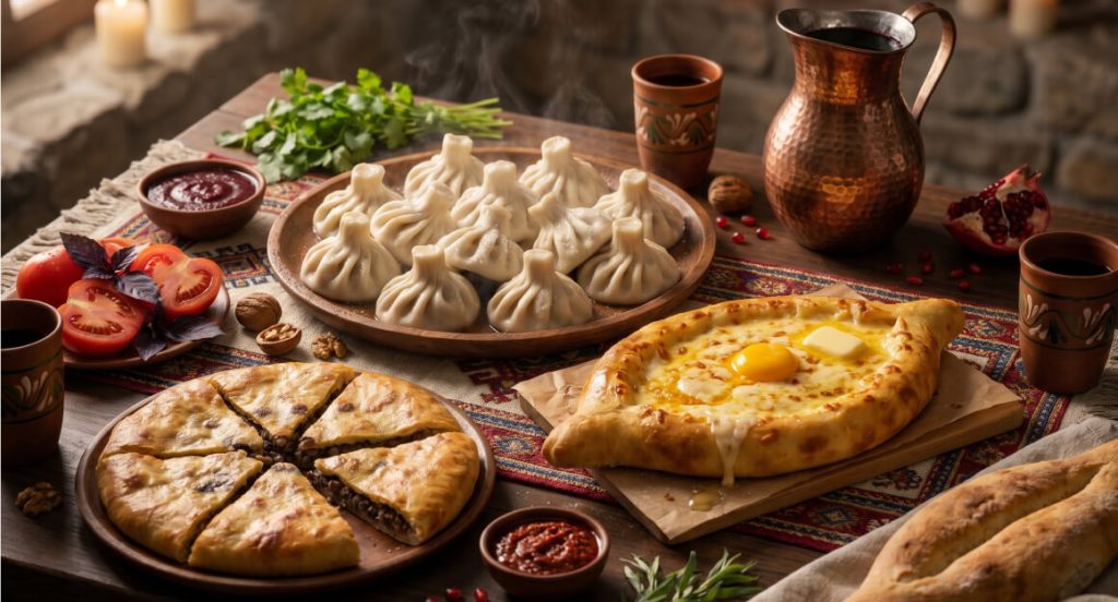Georgian-style table with khinkali, khachapuri, and Lobiani pie set for sharing